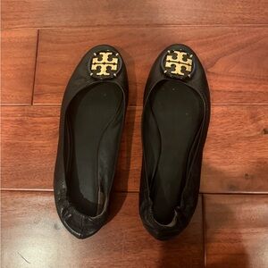 Tory Burch Black Flats with Gold Emblem